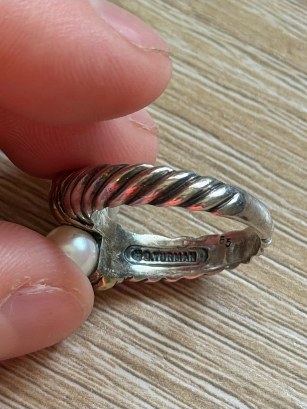 LN David Yurman Cable Classic Bypass Ring, 18k Gold, Sterling Silver, Pearls 6.5
